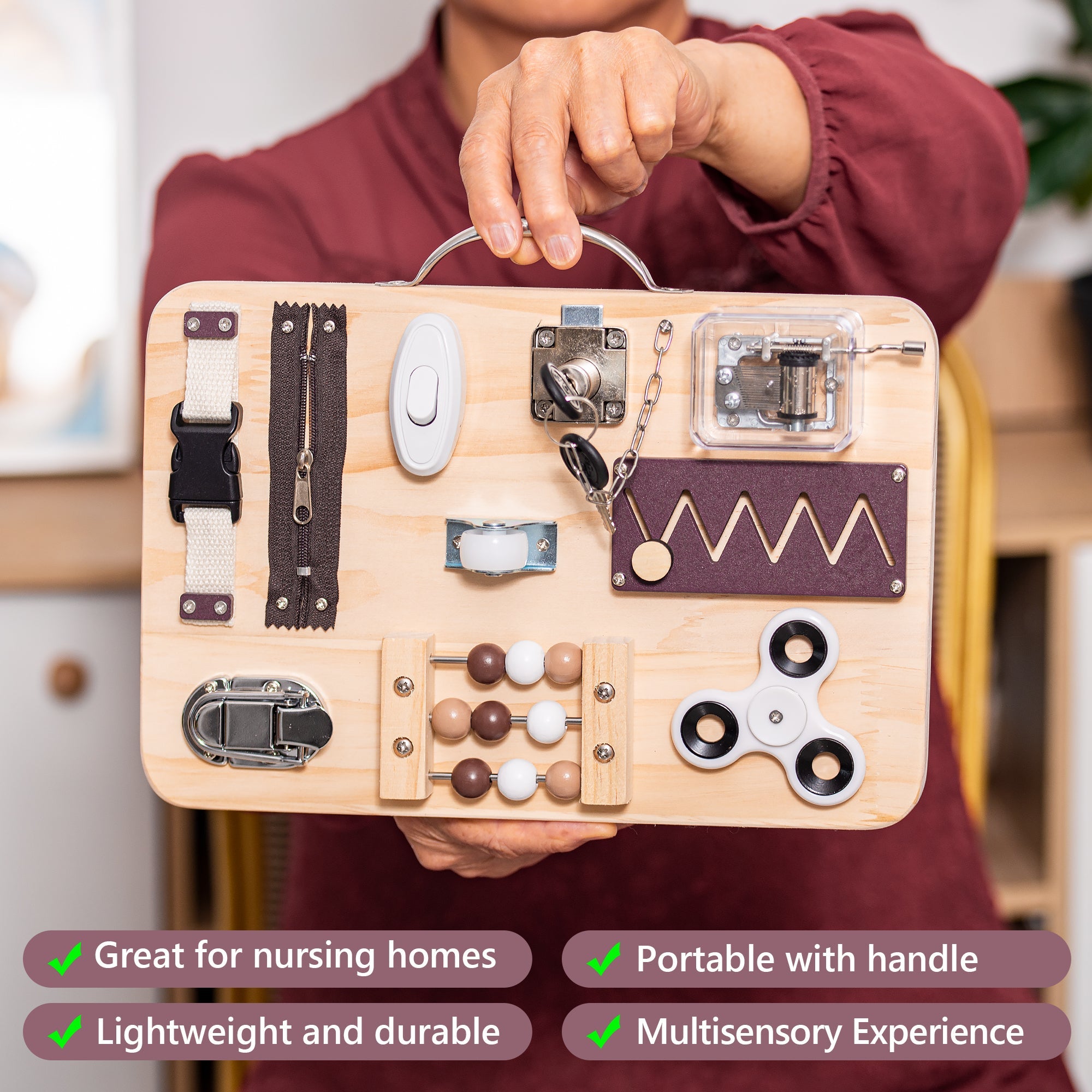 Wooden Fidget Busy Board | Dementia-Friendly Sensory Activity Board for Adults