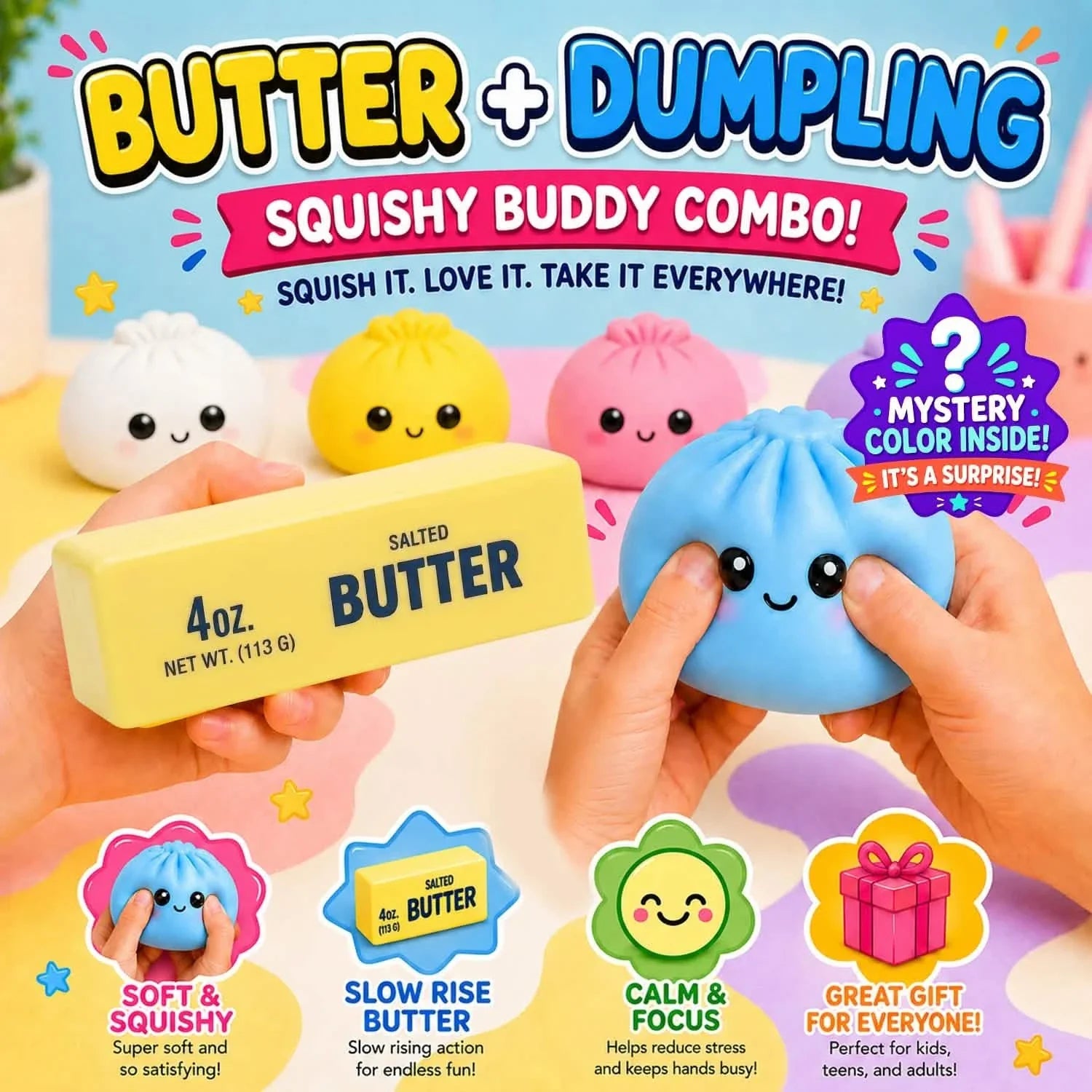 Squishy Dumpling & Butter 2-Pack | Slow Rising Stress Relief Fidget Toys