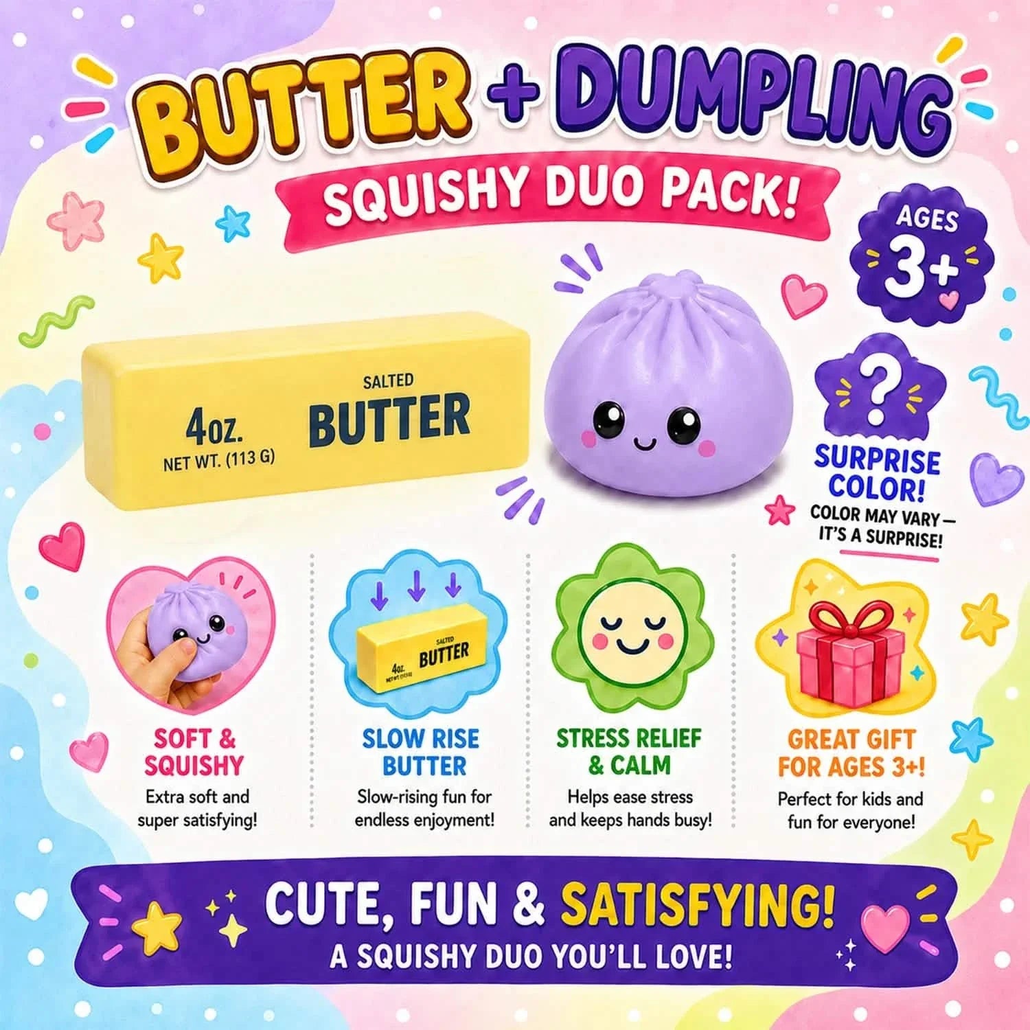 Squishy Dumpling & Butter 2-Pack | Slow Rising Stress Relief Fidget Toys